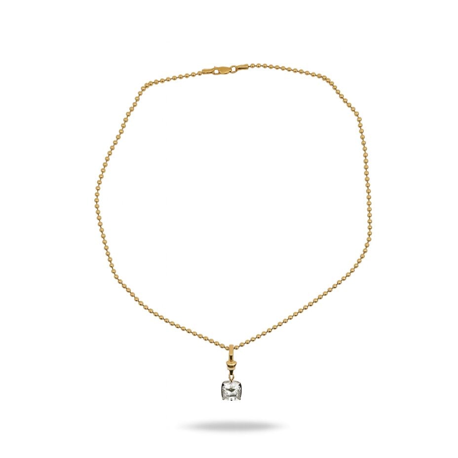 Lab Grown Cushion Cut Bezel Necklace 4 Carats on Ball Chain 14K IGI Certfied: IGI Certified Lab Grown Pendant featuring one Bezel Set Cushion Cut Diamond weighing 4 Carats on a Ball Motif Chain. Color D Clarity VS2