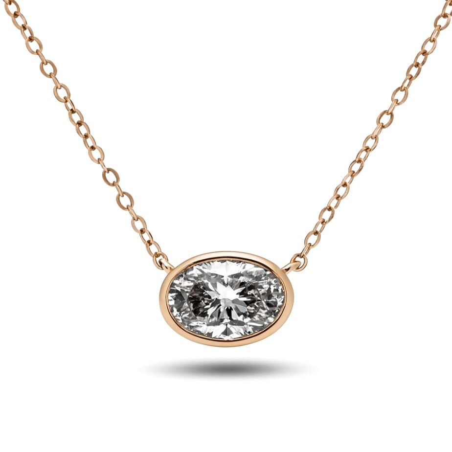 Lab Grown Oval Bezel Pendant 2.50 Carats F VS1 IGI Certified: Lab Grown Oval Diamond Pendant in a Bezel Set Mounting East-West design weighing 2.50 Carats, crafted in 14 Karat Yellow Gold. IGI Certified - F VS1