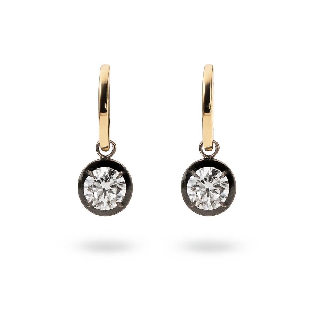 Lab Grown Diamond Bezel Drop 4 Carats D VS IGI Certified: Lab Grown drop Earrings featuring two Round Brilliants weighing a total of 4 Carats. The hoops are crafted in 14 karat Yellow Gold and the diamonds have a Black Rhodium finish. Color D Clarity VS1 IGI