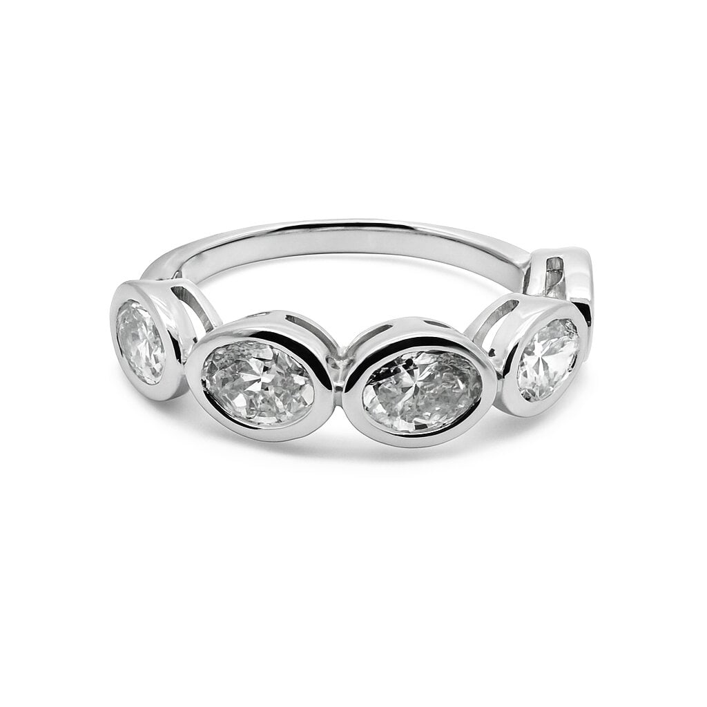 Lab Grown 5 Stone Oval Shape Bezel Band Ring 2 Carats E-F VVS 14K: Lab Grown Half Way Bezel Band featuring 5 Oval Shapes weighing 2 Carats in an East-West design, crafted in 14 Karat Yellow Gold. Color E-F Clarity VVS1-VVS2