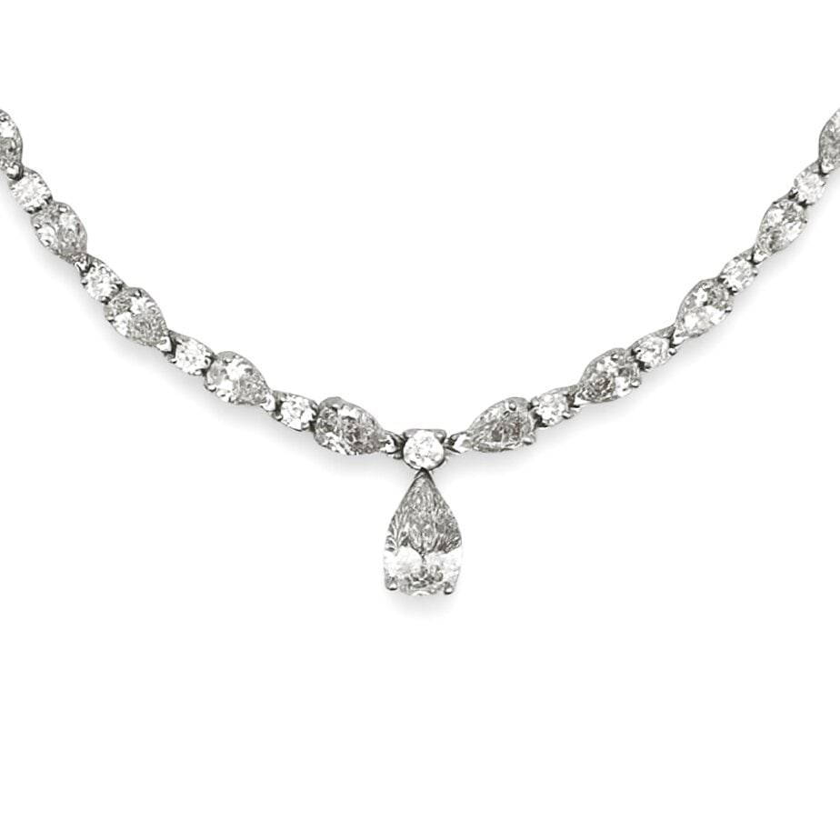 Lab Grown Pear & Round Brilliant Drop Necklace 6.24 Carats 14K: Lab Grown Diamond Necklace featuring alternating Round & Pear shape with a Pear shape drop weighing a total of 6.24 Carats, 14 Karat White Gold.