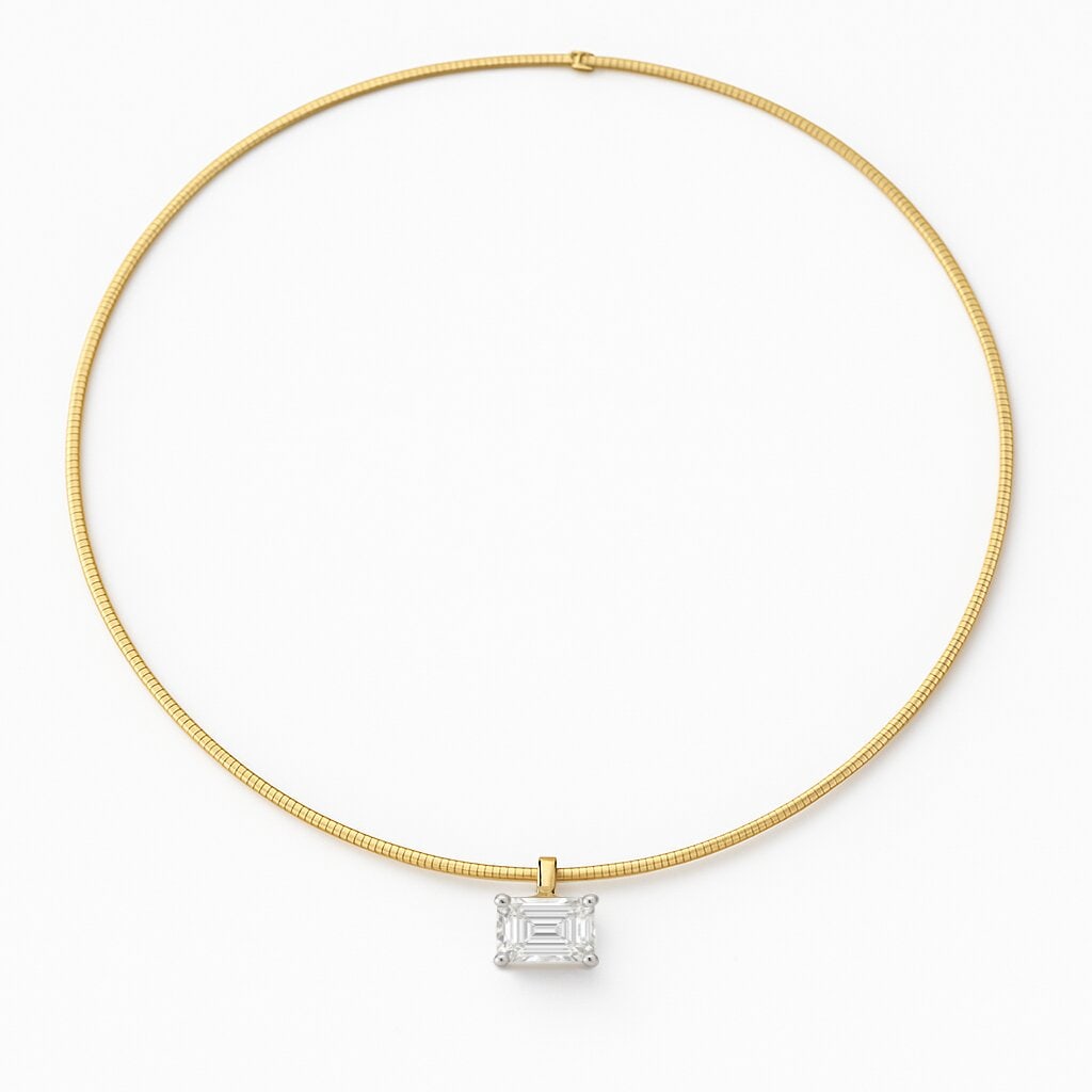 IGI Certified Lab Grown Emerald Cut Tube Choker Necklace 2.50 Carats 14K: IGI Certified Lab Grown Emerald Cut diamond weighing 2.50 Carats extended on a tube wire necklace in 14 Karat Yellow Gold. Color F Clarity VS