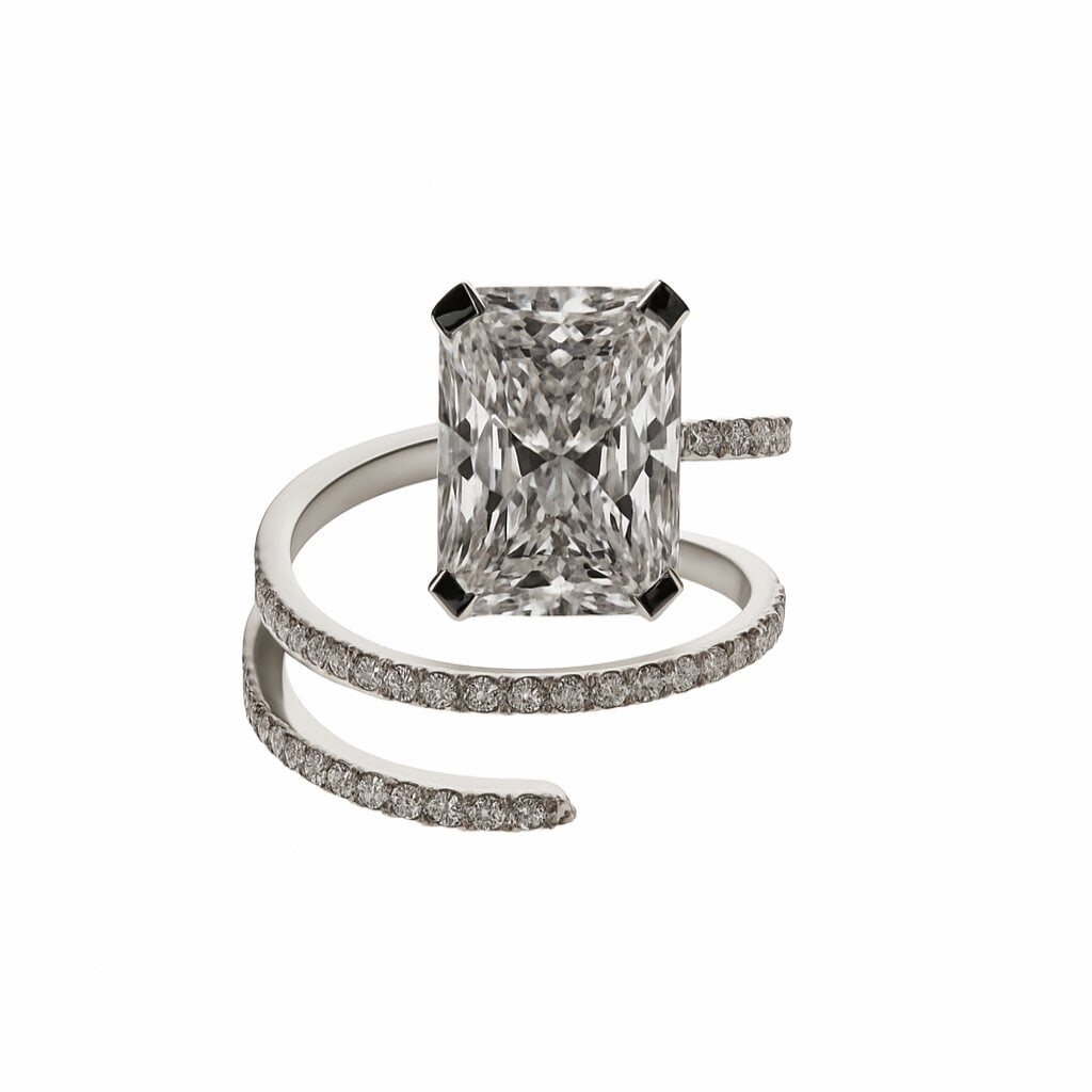 GIA Certified Radiant Cut Twist Ring 2.94 Carats E VS1: GUA Certified Lab Grown fashion ring featuring one Radiant Cut diamond weighing 2.58 Carats on a wrap diamond band, 0.36 carats, in 14k yellow gold. Color E Clarity VS1
