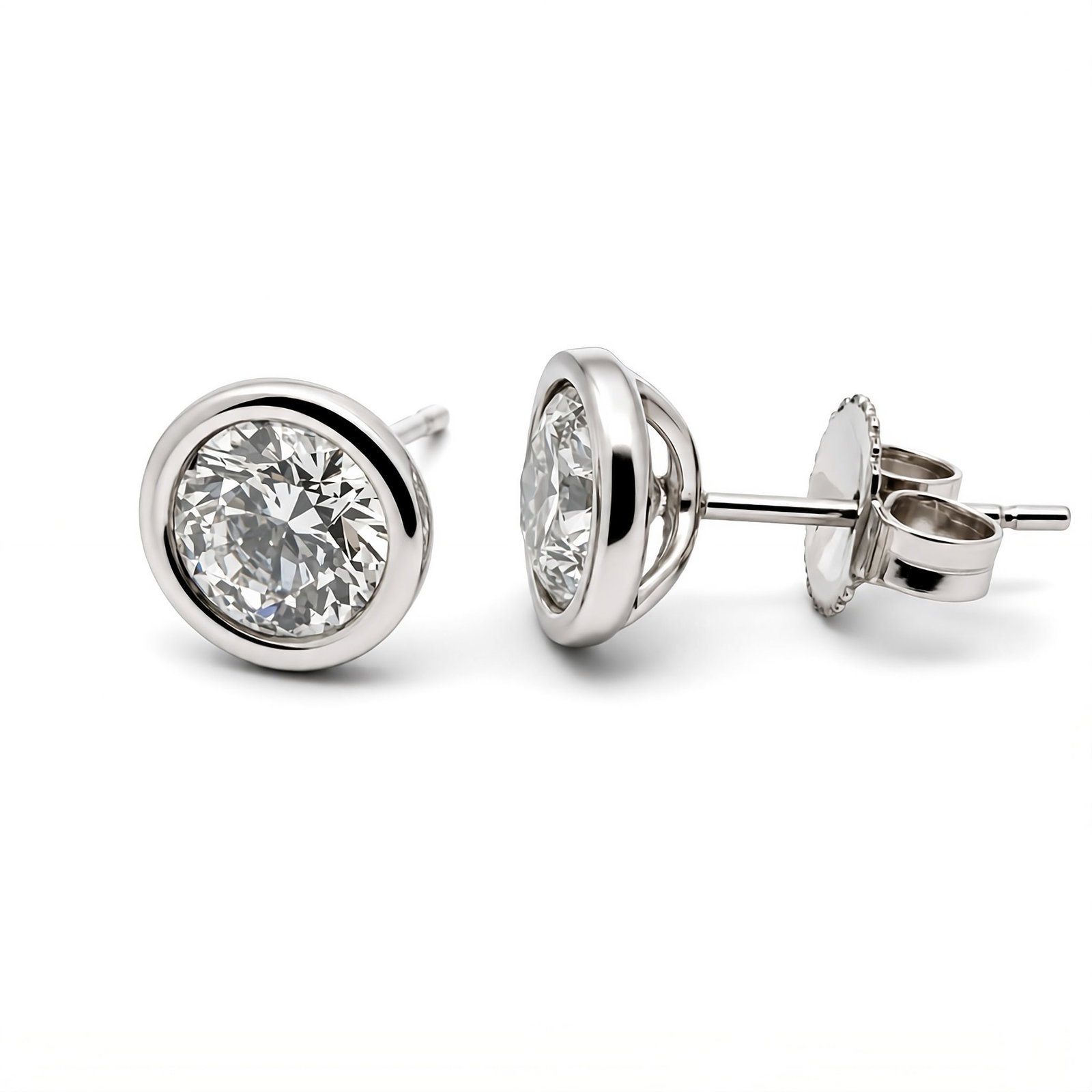IGI Certified Lab Grown Diamond Stud Bezel Earrings 2 Carats 14K: IGI Certfied Lab Grown Round Brilliant Stud Earrings weighing 2 Carats in a bezel setting, in 14 Karat White Gold. Color D Clarity VS1