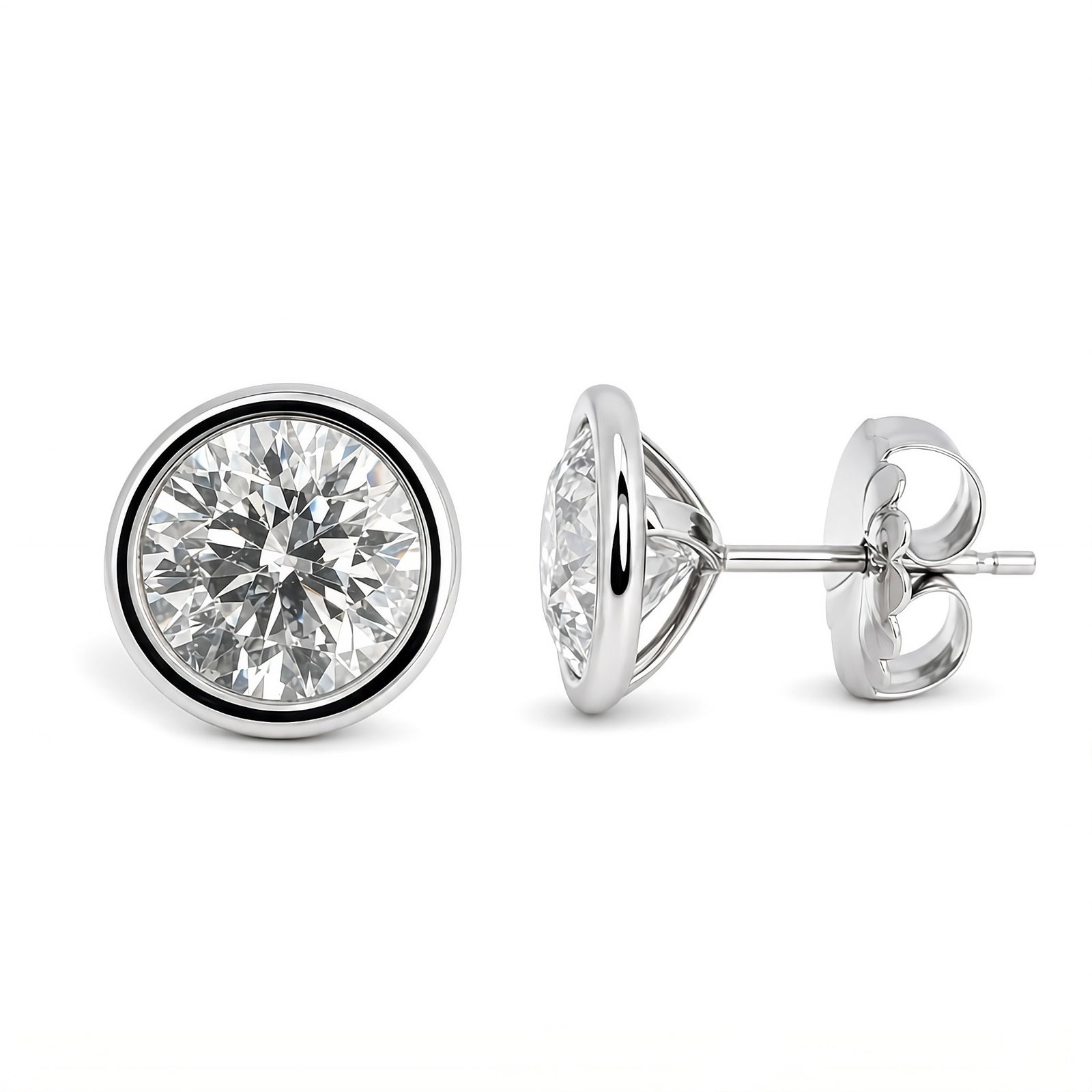 IGI Certified Lab Grown Diamond Stud Bezel Earrings 5 Carats 14K: IGI Certfied Lab Grown Round Brilliant Stud Earrings weighing 5Carats in a bezel setting, in 14 Karat White Gold. Color D Clarity VS2