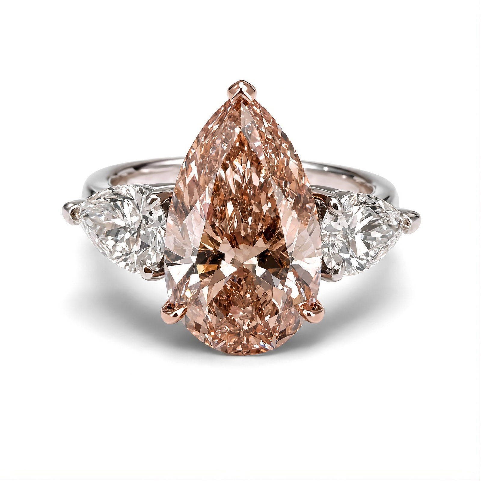 IGI Certified Lab Grown Vivid Pink Three Stone Ring 6.60 CTTW 14K: IGI Certified Lab Grown three stone ring featuring one Pear Shape Vivid Fancy Pink diamond weighing 5.12 Carats flanked with Pear shape diamonds, 1.48 carats, in 14K Yellow & White Gold.