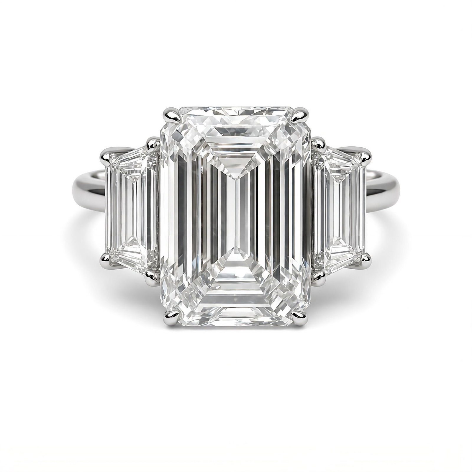 IGI Certified Lab Grown Emerald Cut Three Stone Diamond Engagement Ring 8.09 CTTW 14K: IGI Certified Lab Grown Emerald Cut Engagement Ring weighing 6.67 Carats flanked with two Trapezoids diamonds, 1.42 Carats, in 14K White Gold. Color F Clarity VS1