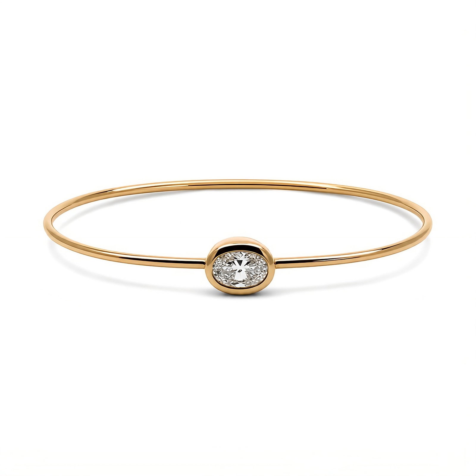 Lab Grown Oval Cut Bezel Bangle Bracelet 0.44 Carats G VS1 14K: Lab Grown diamond bezel bangle bracelet featuring an Oval Cut Diamond weighing 0.44 Carats, in 14K White Gold. Color G Clarity VS1. Tube Bracelet - 1.3 MM