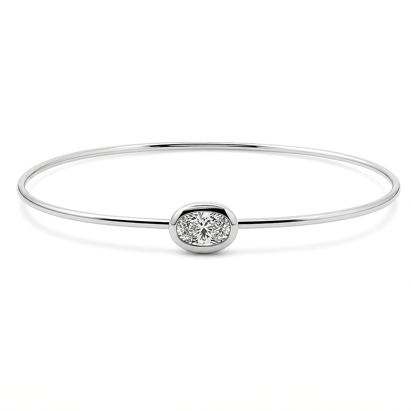 Lab Grown Oval Cut Bezel Bangle Bracelet 0.41 Carats G VS1 14K: Lab Grown diamond bezel bangle bracelet featuring an Oval Cut Diamond weighing 0.41 Carats, in 14K White Gold. Color G Clarity VS1. Tube Bracelet - 1.3 MM