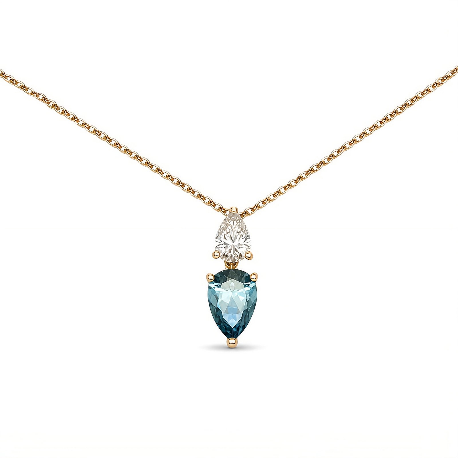 IGI Certified Lab Grown Two Stone Pear Shapes - Diamond & Fancy Light Blue 3.34 Carats 14K: IGI Certified Lab Grown two stone pendant featuring one Pear shape diamond on top, 1.08 Carats, with a Fancy Vivid Blue diamond on the bottom, 2.26 Carats crafted in 14K Yellow Gold.