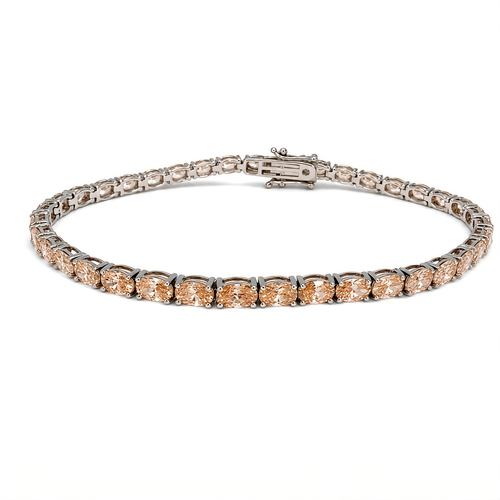 Lab Grown Pink Oval Cut Diamond Tennis Bracelet 6.51 Carats 14K: Lab Grown tennis bracelet featuring 38 Oval Cut Pink Diamonds weighing 6.51 Carats in a East-West design, crafted in 14K White Gold. Average 0.17 Points Each3999