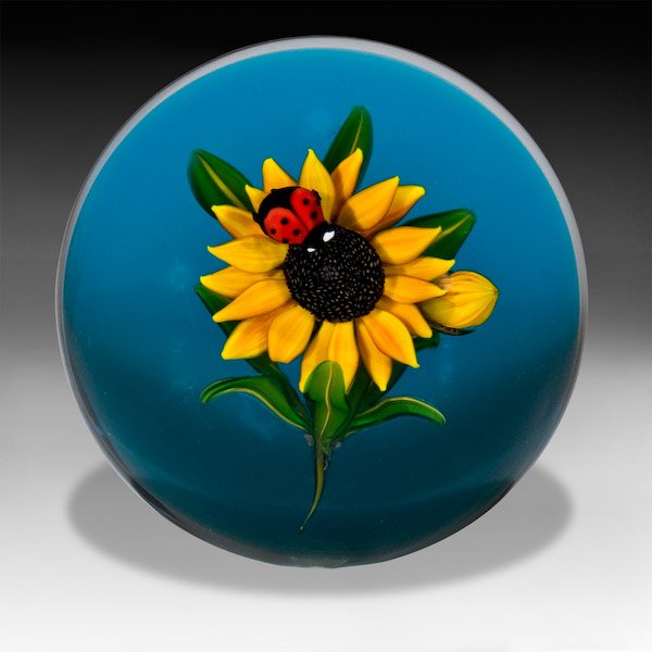 Ken Rosenfeld: Ken Rosenfeld "Sunflower and Ladybug" miniature paperweight. A red and black ladybug crawls across a golden-yellow sunflower, with a yellow bud, dark green leaves, and stem, on translucent blue ground