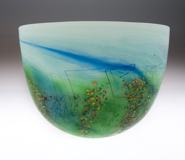 Peter Layton: Peter Layton "Landscape" exhibition bowl, with scattered green, brown, lavender, aqua, and golden-yellow leaves, on green ground, over a frosted pale blue surface. Signed. Height 7".