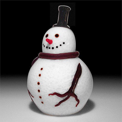 Orient & Flume Art Glass "Snowman" glass sculptu: Orient & Flume Art Glass "Snowman" glass sculpture. A three-dimensional white snowman, wearing a black top hat and a purple scarf. Signed. Height 5 3/8".