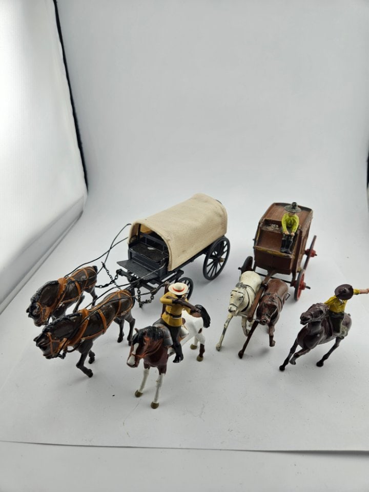Jo Hill Vintage Stagecoach Plus a Newer Coach w/ Cowboys on Horseback.: Jo Hill Vintage Stagecoach Plus a Newer Coach w/ Cowboys on Horseback. The Jo Hill Coach has 2 Horses, a Stagecoach & a Driver, the Cowboy Shooting Backwards is Marked 'Britains', and the Coach w/ the
