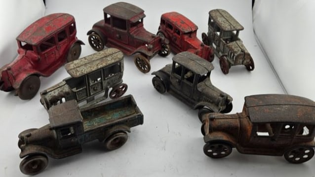 Fun Selection of Antique Cast Iron Jalopies.: Fun Selection of Antique Cast Iron Jalopies. Feature Car Styles from the 1920's and 1930's. One is Marked 'Arcade'. The Others are Unmarked. All Have Their Wheels. Eight in All.