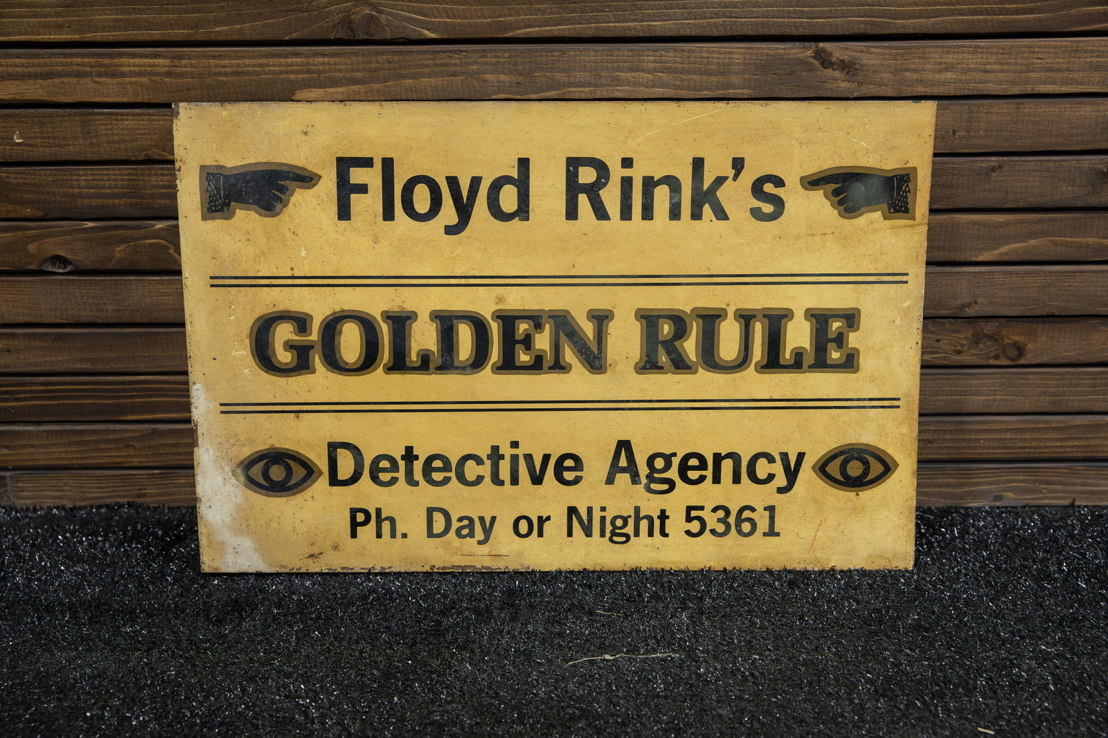 Floyd Rink's Detective Agency Double-Sided Flange Sign: 1940s-era vintage painted sign promoting services of detective who follows the Golden Rule, features a 4-digit phone number.