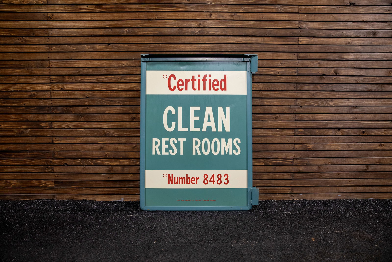 Clean Restroom Double-Sided Tin Sign: Painted sign that promotes station's "Certified" clean restroom, mounted in angle-iron frame with fixtures to be attached to pole for display, very nice condition with minor handling wear. 