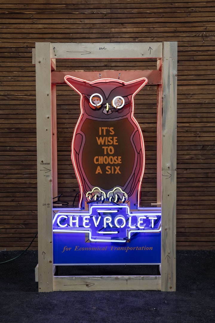 Custom Chevrolet Owl Neon Sign: Created in the style of advertising promoting Chevrolet new 6-cylinder engines in 1929, this wise owl is captured on aluminum composite face with new 4-color neon, wiring and handcrafted canister, cra