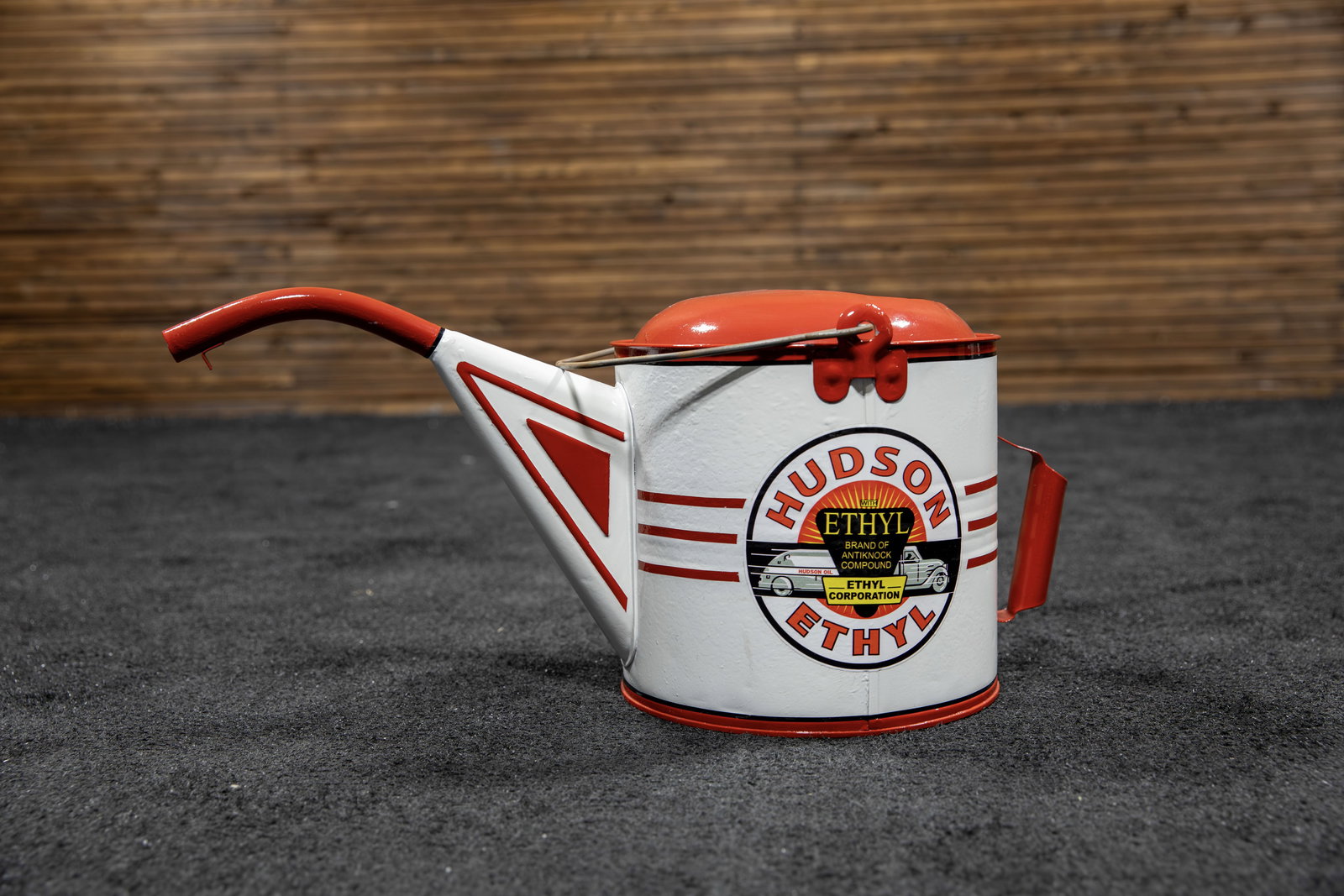 Hudson Ethyl Oil Dispenser Can: Vintage galvanized oil can, cleaned and restored in red and white with decal applied, wire handle, open spout. 