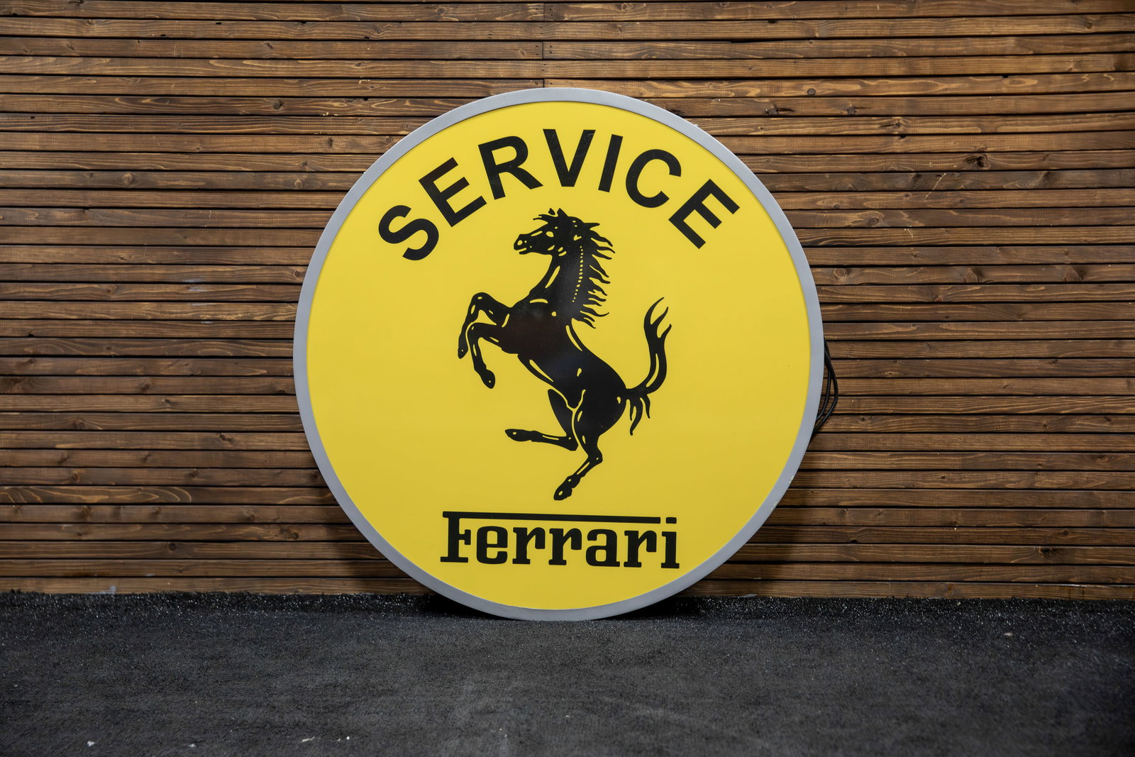 Custom Ferrari Service Lighted Sign: This impressive sign features acrylic face with famous prancing horse in black silhouette on yellow field with black lettering, custom built metal can with new LED lighting, wires and transformers, br