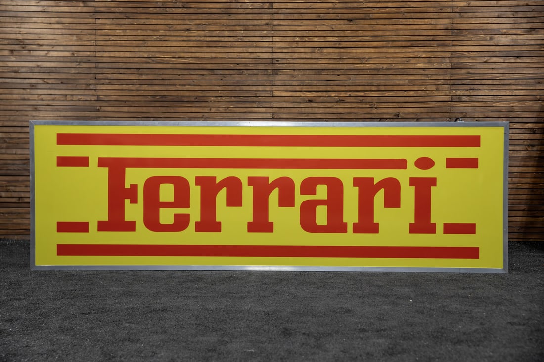 Custom Ferrari Large Lighted Sign: One-of-a-kind professionally created, features iconic name in red on yellow acrylic panel, aluminum metal case painted black, natural aluminum frame, LED lighting with commercial grade wiring, 110V.