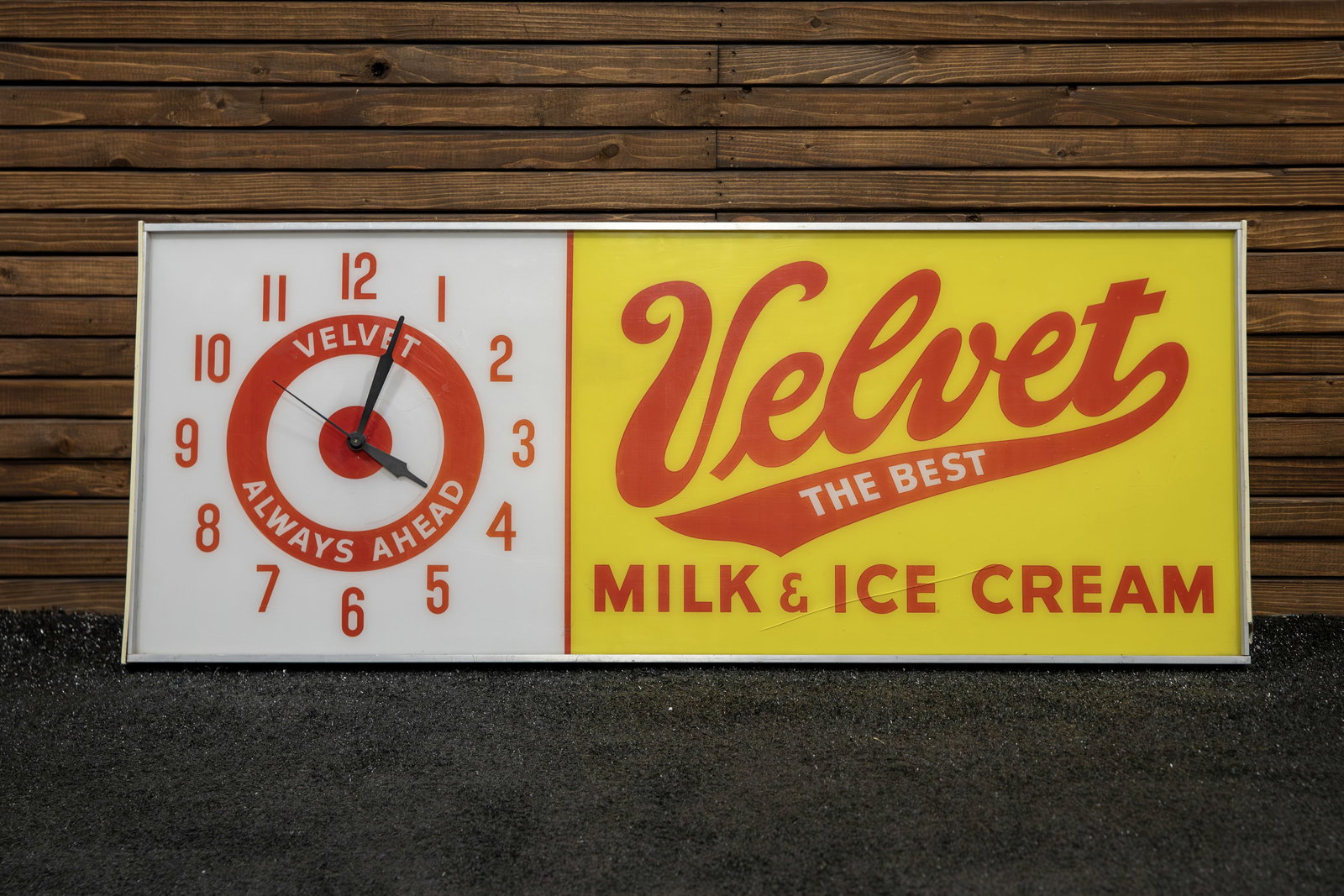 Velvet Milk and Ice Cream Lighted Clock: Original 1950s lighted clock display with acrylic face in a metal box with aluminum frame for countertop or wall display, fluorescent lighting, clock has been upgraded to battery-operated quartz movem