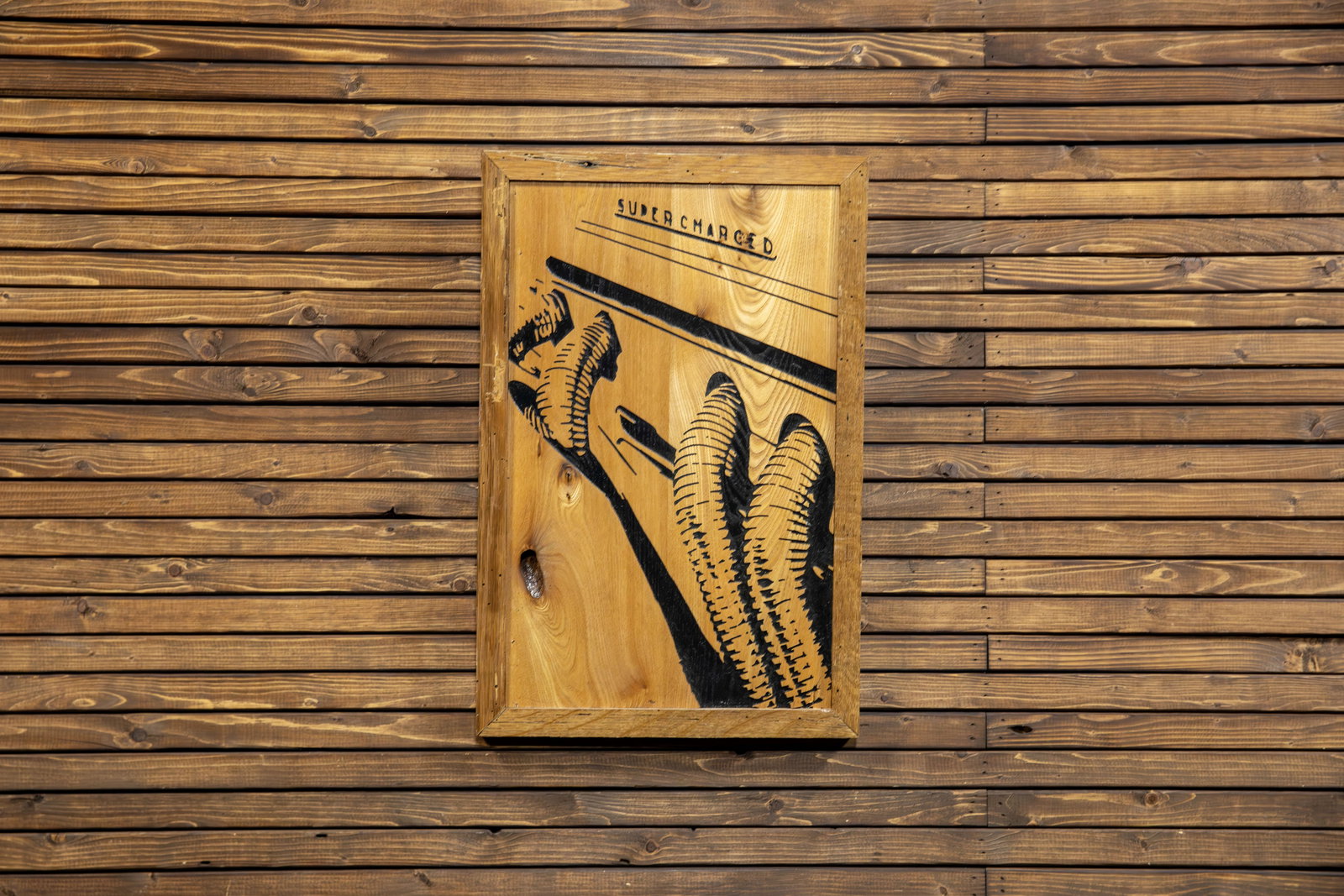 Supercharged Auburn Wooden Plaque - Art: Highly skilled presentation of classic Supercharged Auburn Speedster's hood fitted with those iconic shiny exhaust tubes captured on golden pine, framed and unsigned. 