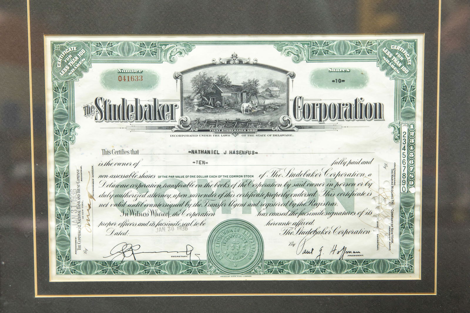 Studebaker Stock Certificates - Framed - 2