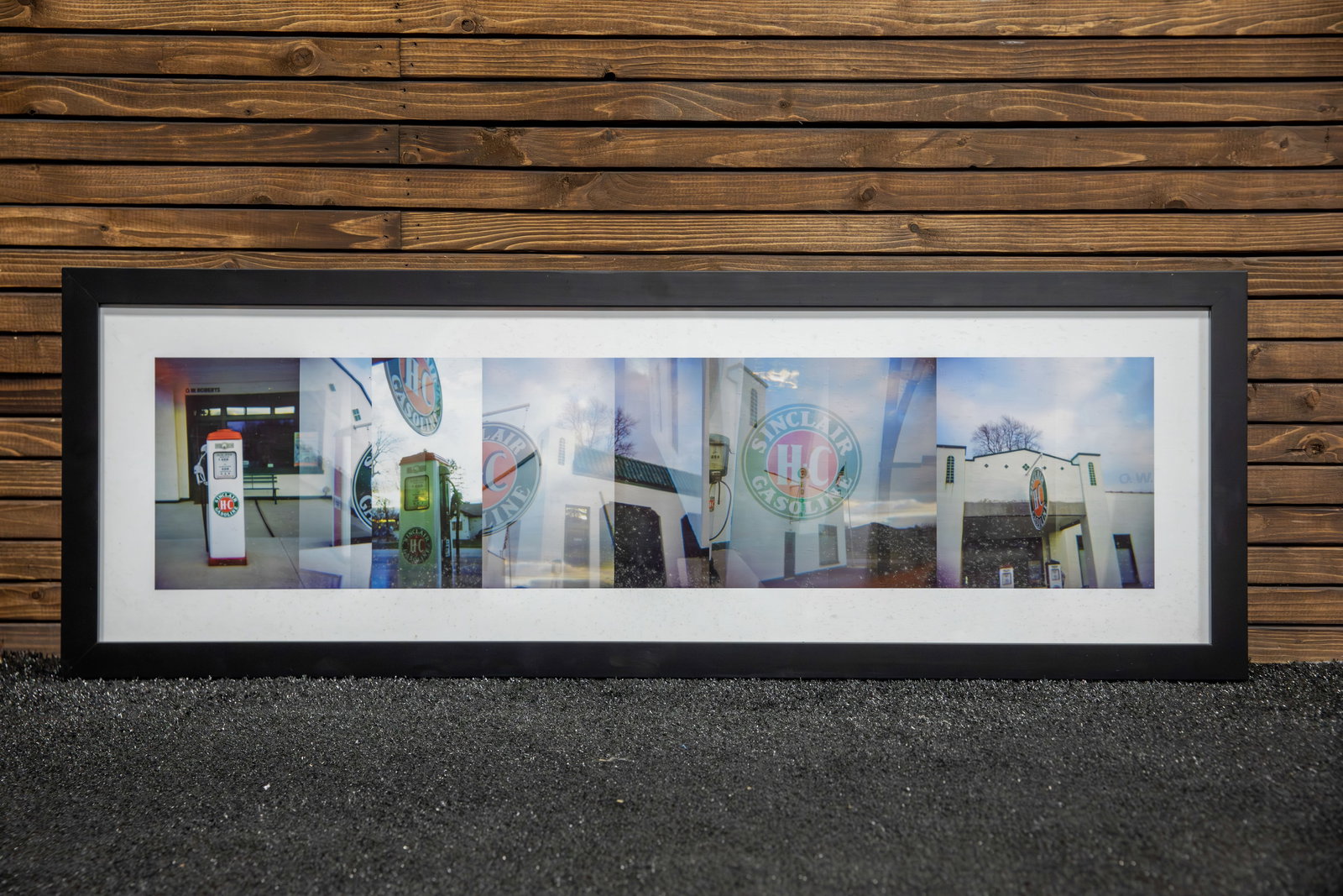 Photo Collage of Station - Framed: Montage of signs and building of a North Main Street landmark in Auburn, framed and matted. 