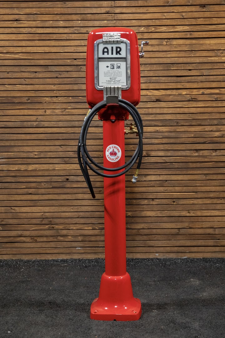 ECO Tireflator by Bennett-Red Crown: Restored with fresh professionally applied red paint a recent restoration with bright chrome trim, crank presets pressure desired, plumbed for water service with brass spigot and approximately 20