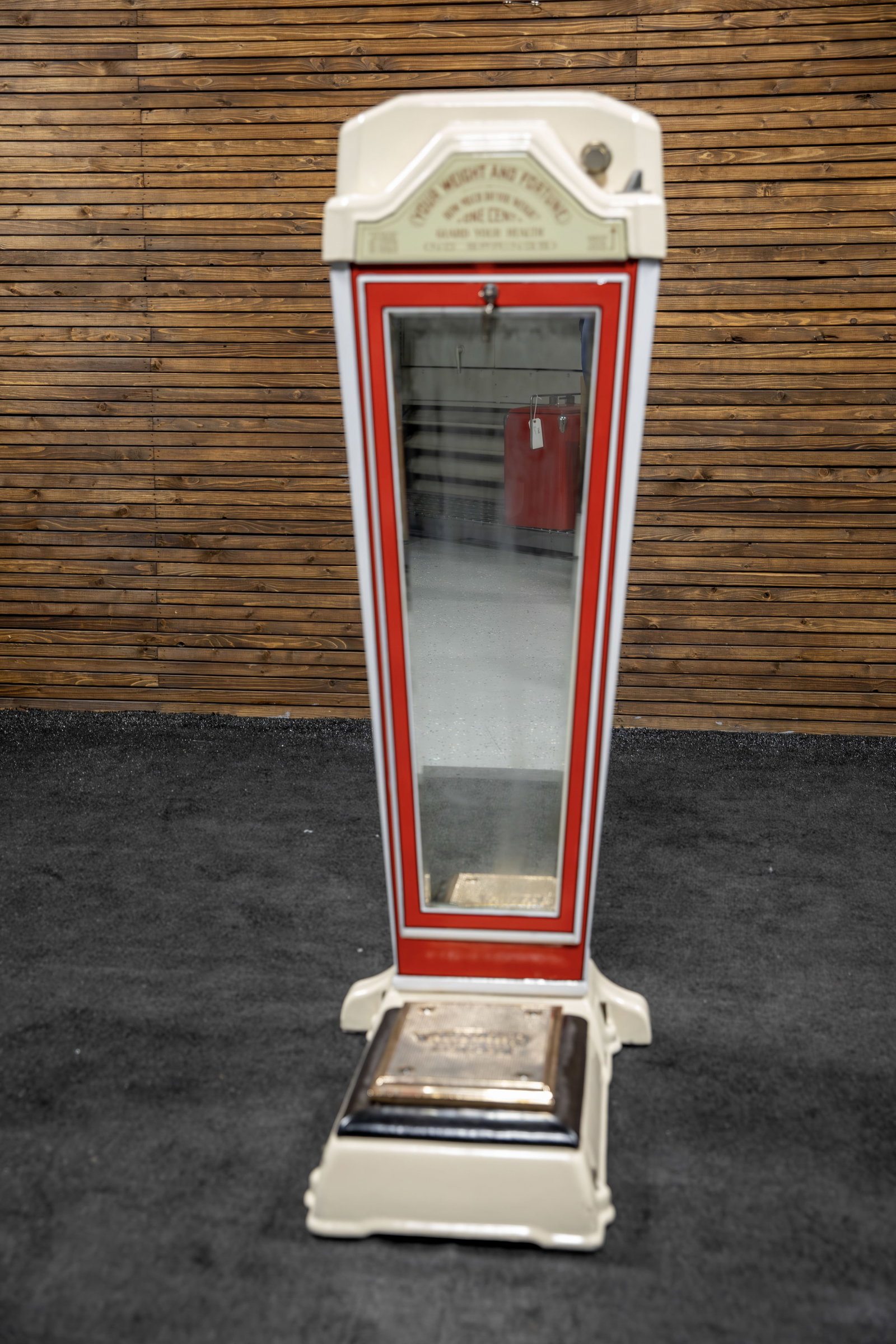 Texaco-Watling Weight and Fortune Scale: This 1930s vintage scale, with heavy cast body and polished brass foot plate, has been beautifully restored, features accurate weight and fun with your horoscope/fortune, high-quality paint with vinyl