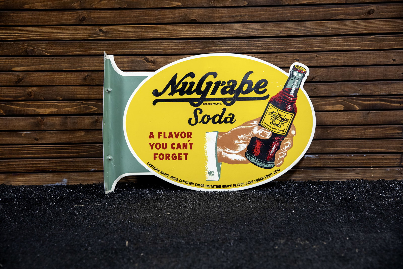 NuGrape Soda Double-Sided Flange Sign: 1950s vintage lithographed die-cut time sign promotes popular drink, light surface wear. 