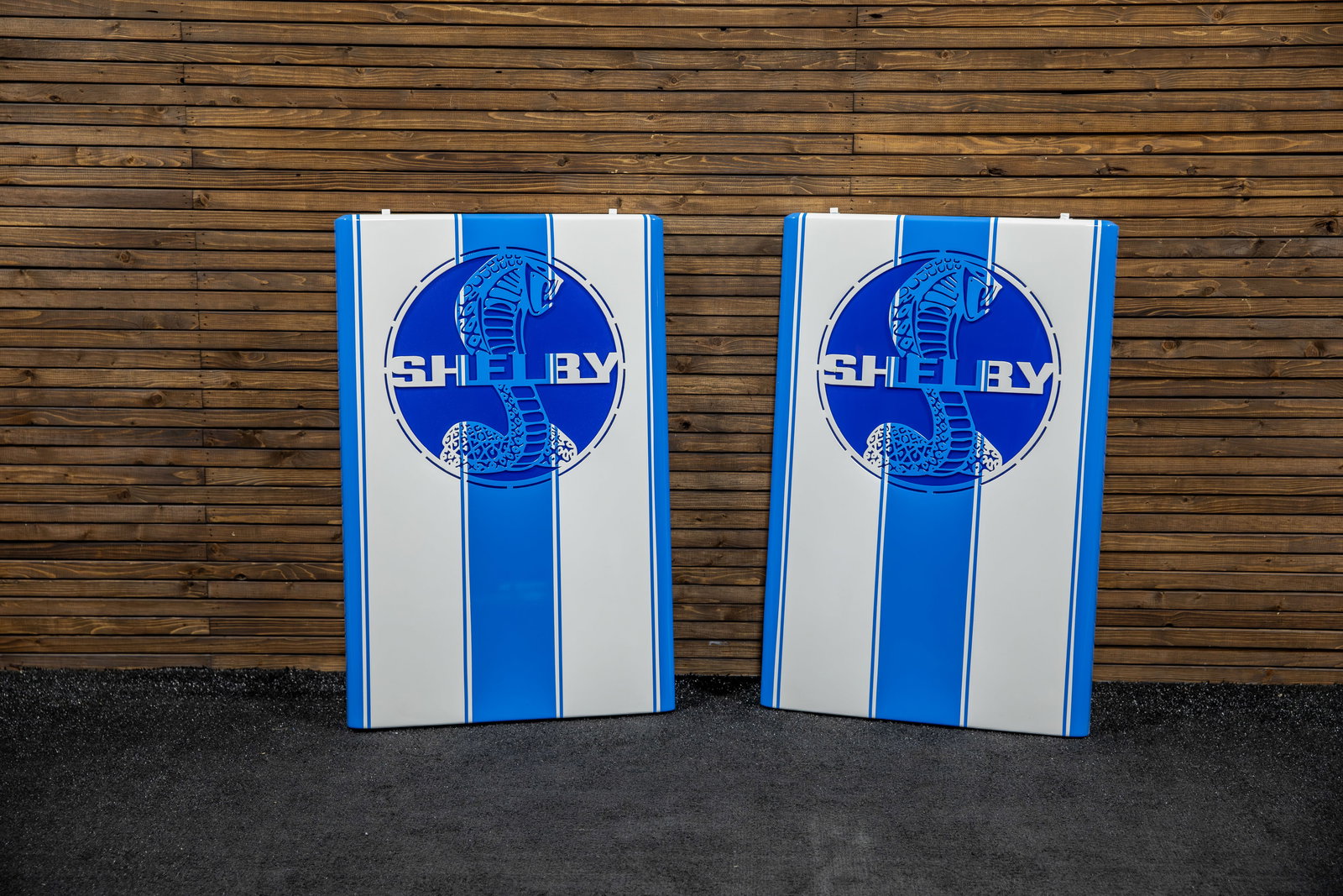 Custom Pair of Shelby Lighted Gas Pump Panels: This pair of one-off stamped steel panels would be perfect accents for the Shelby Gas Pump, finished in matching Shelby Blue and American Racing White with laser cut Shelby Cobra logos that are