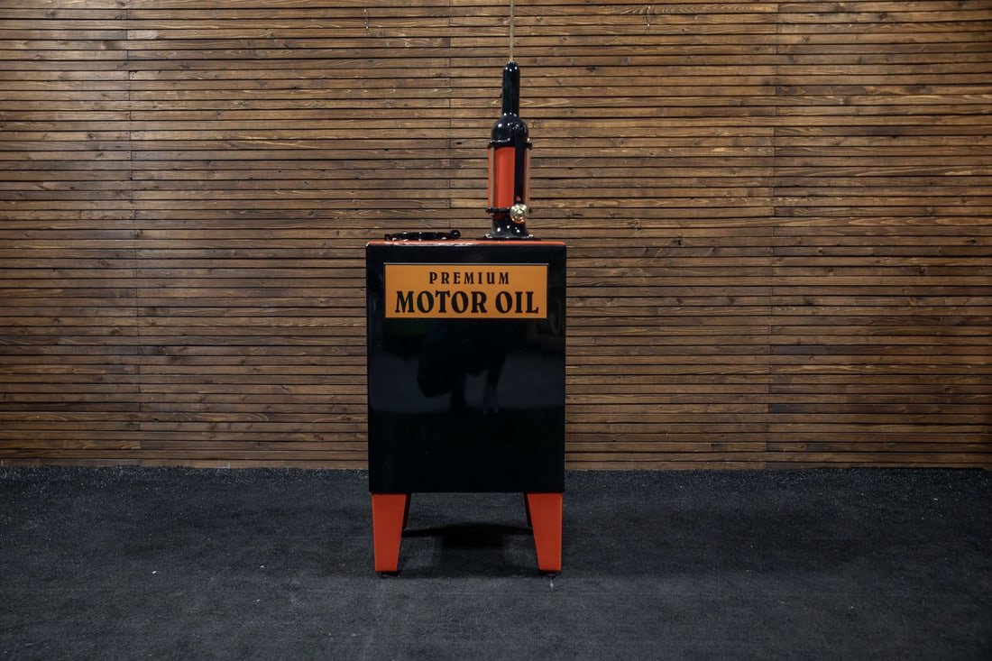Phillips 66 Lubester: Excellent restoration of this compact lubester with 15-gallon container and hand crank pump in the style of Bennett, cast iron cover, finished in gloss black with orange accents and vintage style viny