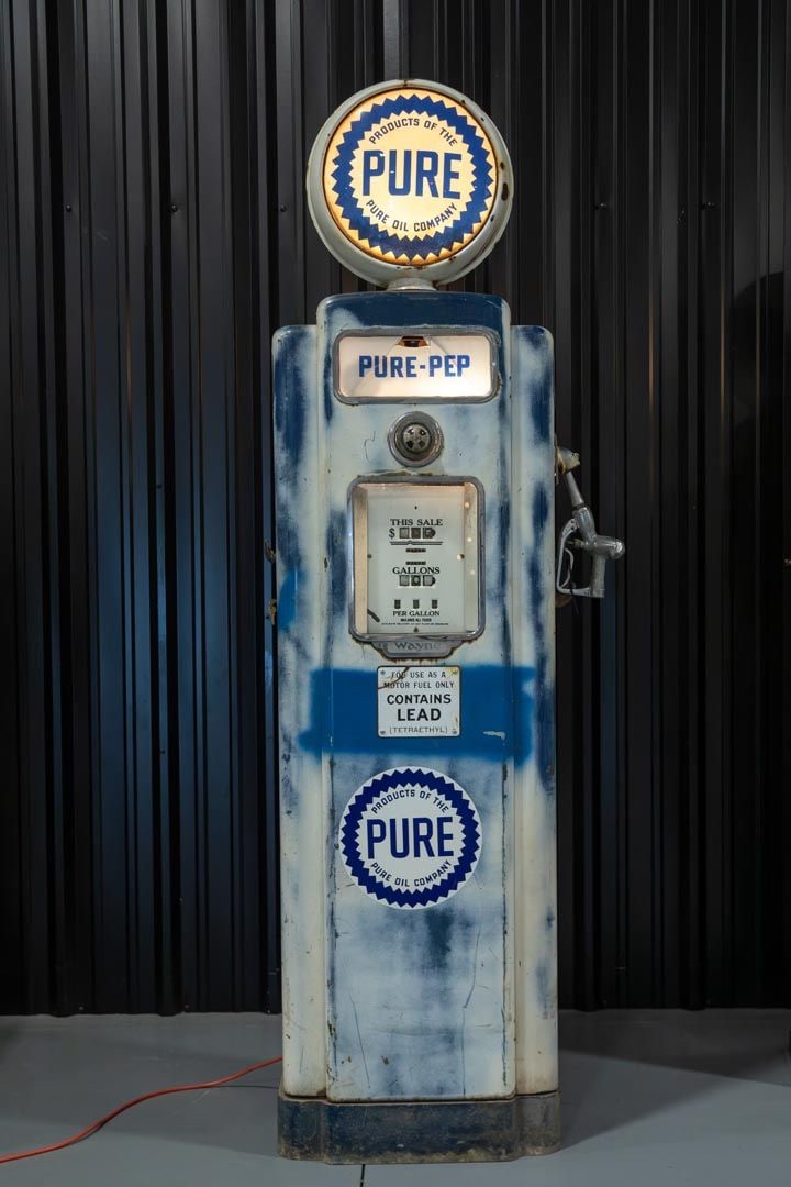 Pure Gas Wayne 70 Gas Pump - Unrestored: Unrestored dual-sided computer model, faded white over original dark blue finish, buffed out with well-presented patina, new Pure decals, original lead warning plates, Pure-Pep lighted ad panels (one 