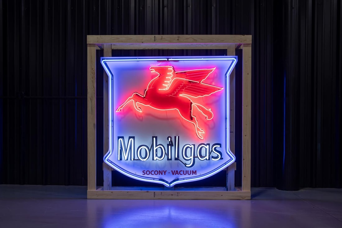 Custom Mobilgas Socony-Vacuum Large Neon Sign: Presents famous Pegasus flying horse facing to the left outlined in red with lettering in white and shield outlined in brilliant blue, on white background, composite face in custom can with new indust