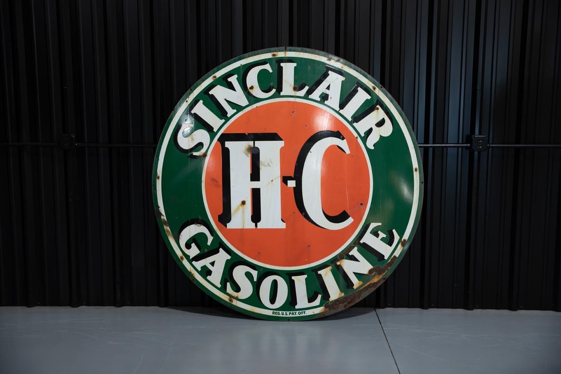 Sinclair H-C Porcelain Double-Sided Porcelain Sign: 1930s vintage original DSP sign with good color and gloss, shows several chips in the field on both sides as well as staining that may clean off. Rated 7.75