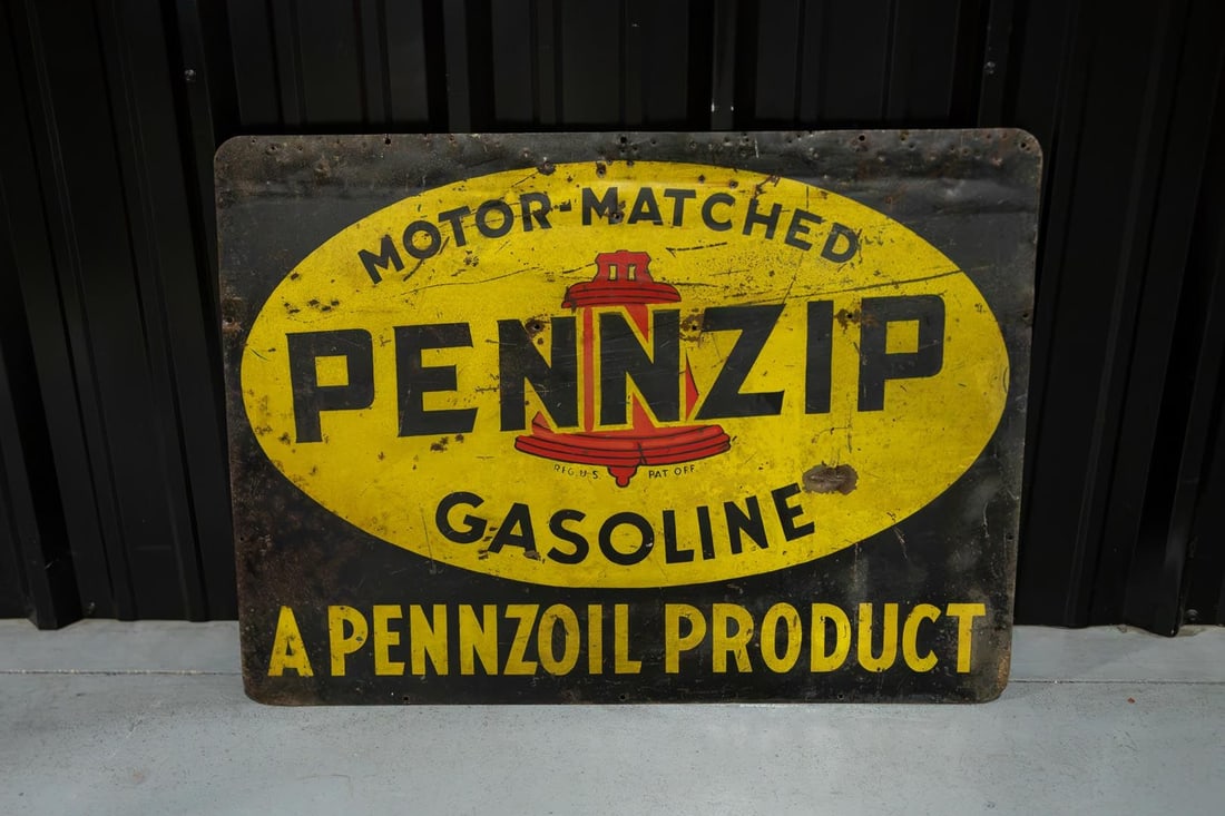 Rare Pennzip/Pennzoil Double-Sided Tin Sign: Double-sided sign with two products, side one promotes Pennzip gasoline, side two promotes Pennzoil Safe Lubrication, both sides show surface wear and paint loss on yellow field, side two shows more l