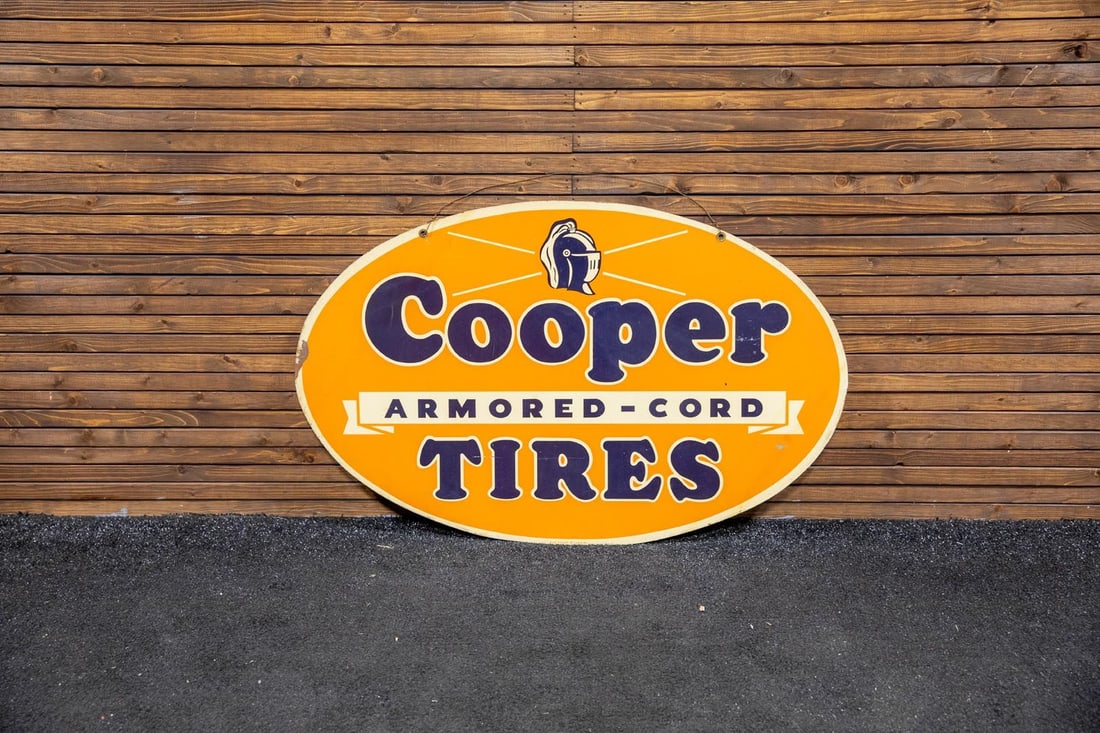 1940s Cooper Tires Double Sided Painted Metal Sign: This is an original painted metal sign that dates to the 1940s. It is in original condition with good to very good color and gloss with minor, but stable, paint loss in isolated areas. It is marked St