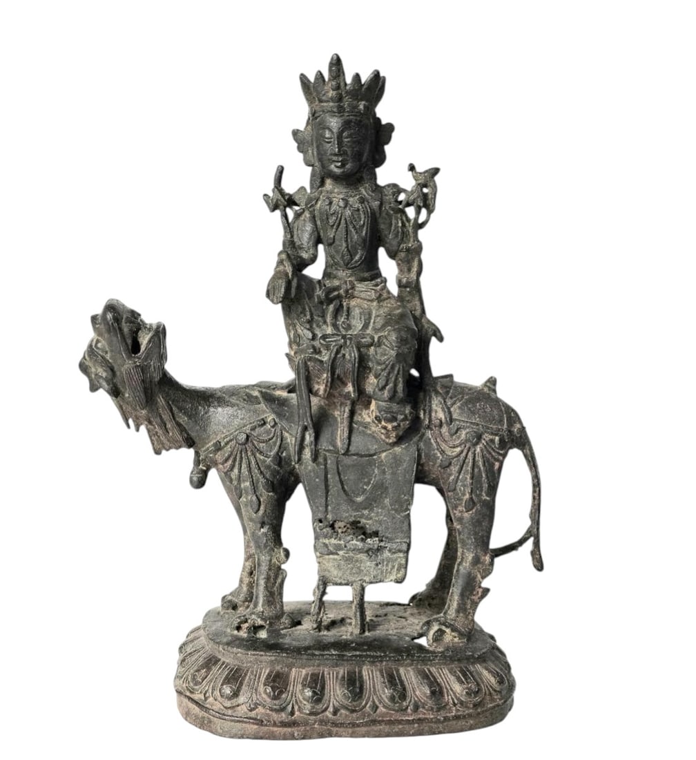 Seated Chinese Bronze Buddha Kwan Yin Likely Ming Dynasty Bodhisattva On Mythical Beast (1 of 20)