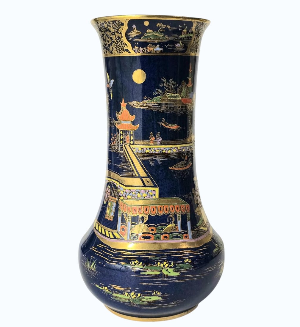 A Fine Antique Carlton Ware Hand Painted Vase Oriental Motif , Monochrome Blue Enamel & Gilt Paint (1 of 13)