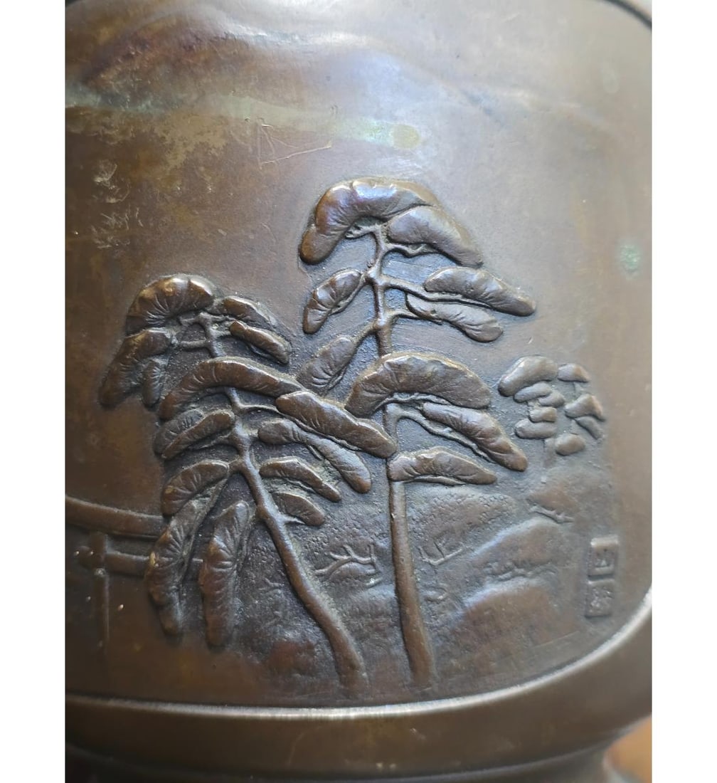 Antique Japanese Bronze Usubata Flower Vase Signed 19th C Meiji Period - 6