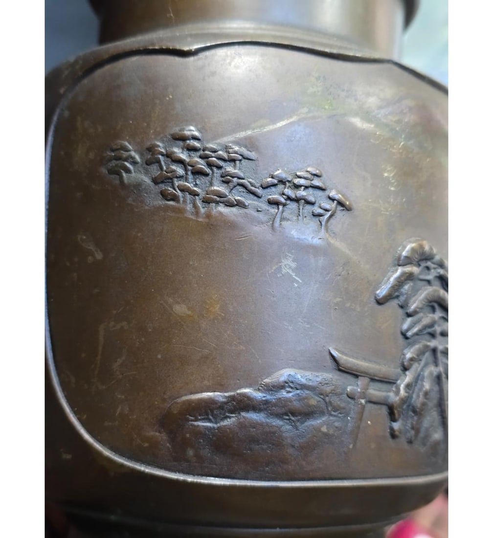 Antique Japanese Bronze Usubata Flower Vase Signed 19th C Meiji Period - 7