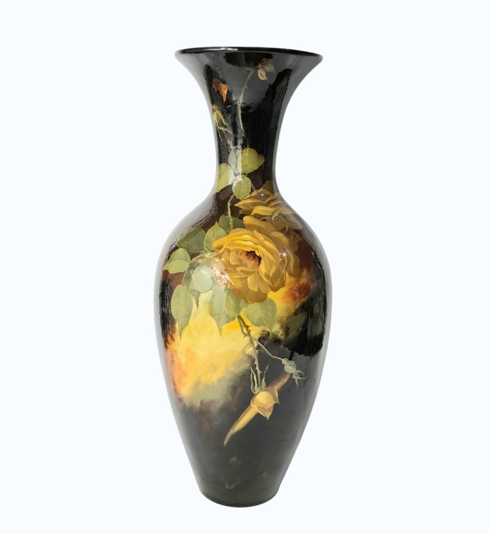 Monumental Weller Louwelsa Floor Vase Signed M. Laughlin And Marked On Base SEE PICS: Monumental Weller Louwelsa Floor Vase Signed M. Laughlin And Marked On Base SEE PICS. Measures 25.5" X 10". Small Line On Rim. Items remaining in our possession after this time will be subject to forf