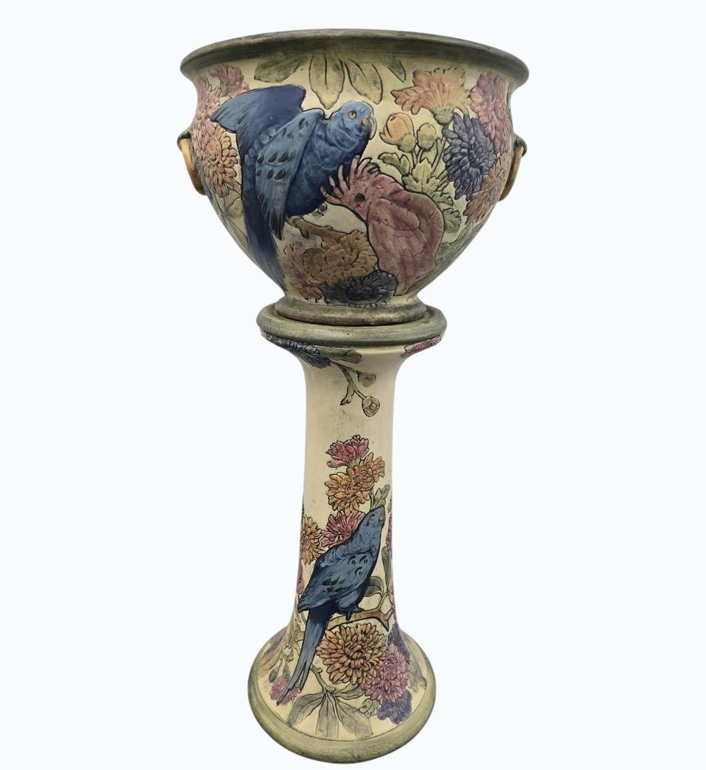 RARE Monumental Weller Pottery Jardinere On Pedestal Decorated With Birds And Flowers (Parrots): RARE Monumental Weller Pottery Jardinère On Pedestal Decorated With Birds And Flowers (Parrots) SEE PICS. Measures Overall 32", Jardinère Measures 10" X 15 3/4. Pedestal 21 3/4" X 10" Diameter Base.