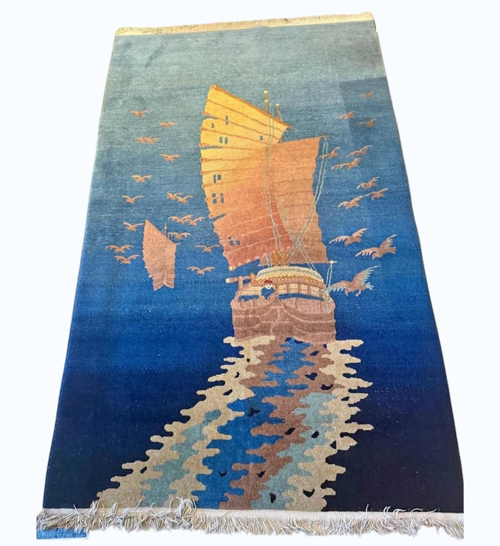 1920's-1930s Art Deco Purple Wool Chinese Pictorial Rug Possibly Walter Nichols & Helen Fette: 1920's-1930s Art Deco Purple Wool Chinese Pictorial Rug Possibly Walter Nichols & Helen Fette. Measures 92" X 54". Items remaining in our possession after this time will be subject to forfeit or stora