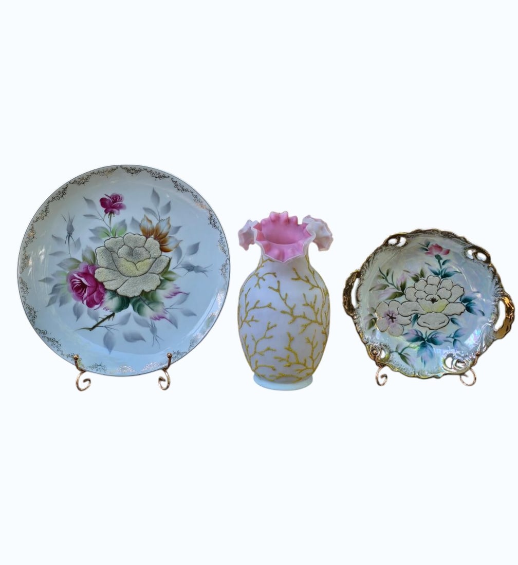 Lot Of 3 Coralene Victorian Vase & 2 Wall Plates, Pink Coralene Victorian Vase: Lot Of 3 Coralene Victorian Vase & 2 Wall Plates. Pinkish Hue Coralene Vase Measure 9" X 5 1/4", Small Plate 8.5" X 7 3/4" X 1.5", Large Plate 10 3/4" X 1.5". Items remaining in our possession after t