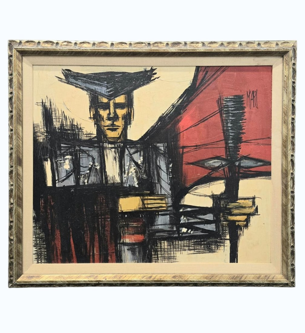 Bernard Buffet Style Abstract Figural Painting Signed "MARI": Bernard Buffet Style Abstract Figural Painting Signed "MARI". Frame Measure 25 1/4" X 29.5", Sight 20" X 24". Items remaining in our possession after this time will be subject to forfeit or storage ch