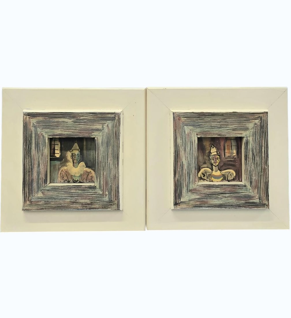 American-Walter Philipp New York Artist Pair Of Clowns Gouache On Paper 20th C (1 of 12)